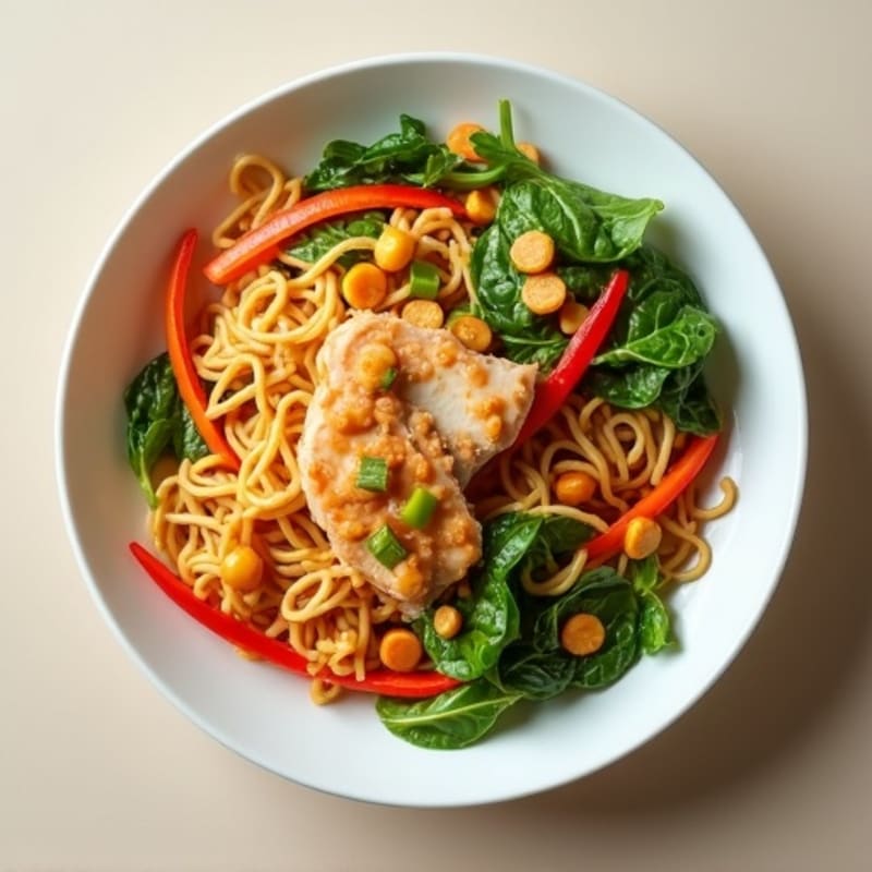 Creamy Spicy Peanut Chicken Noodles with Fresh Greens