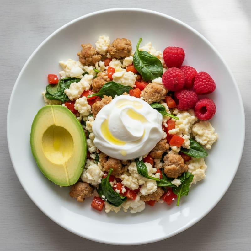 Egg White Veggie Scramble with Turkey Sausage and Greek Yogurt