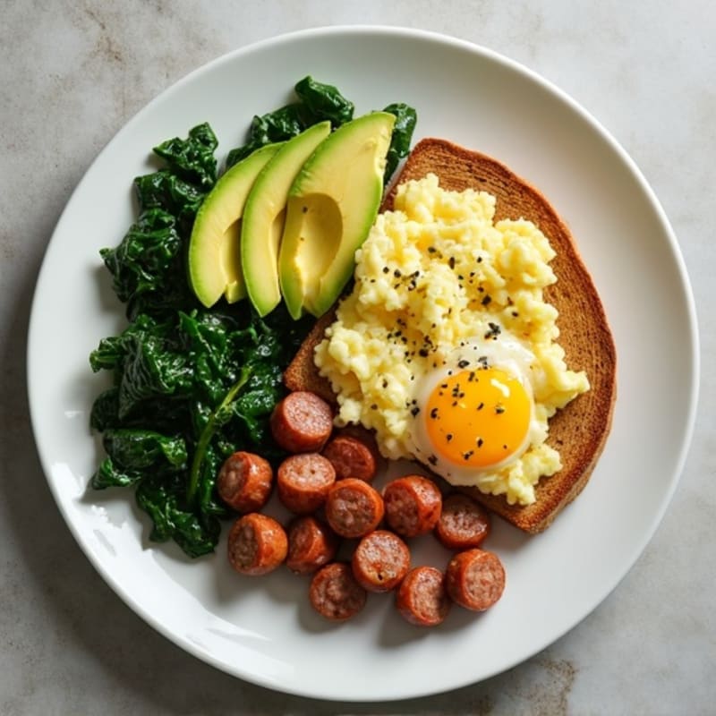 Egg White and Turkey Sausage Scramble with Sautéed Spinach and Toast with Avocado