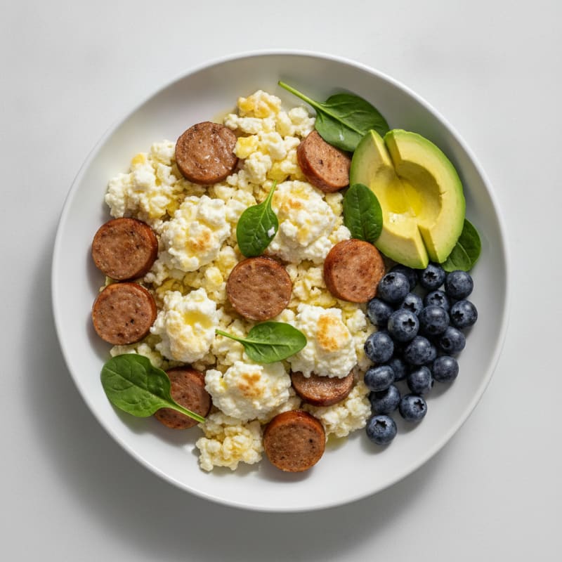Egg White Scramble with Turkey Sausage and Cottage Cheese