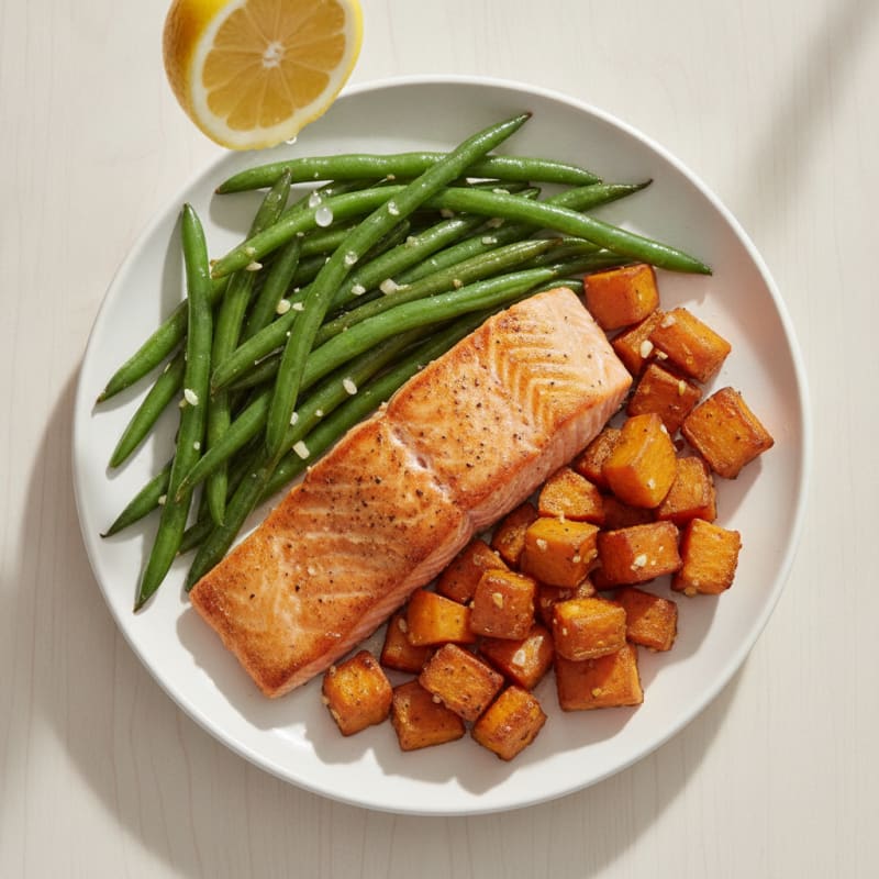 Seared Salmon with Garlic Green Beans and Roasted Sweet Potato