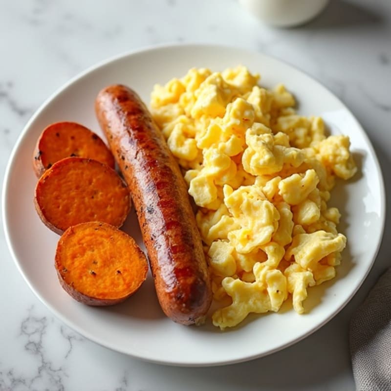 Scrambled Egg Whites with Turkey Sausage and Roasted Sweet Potato