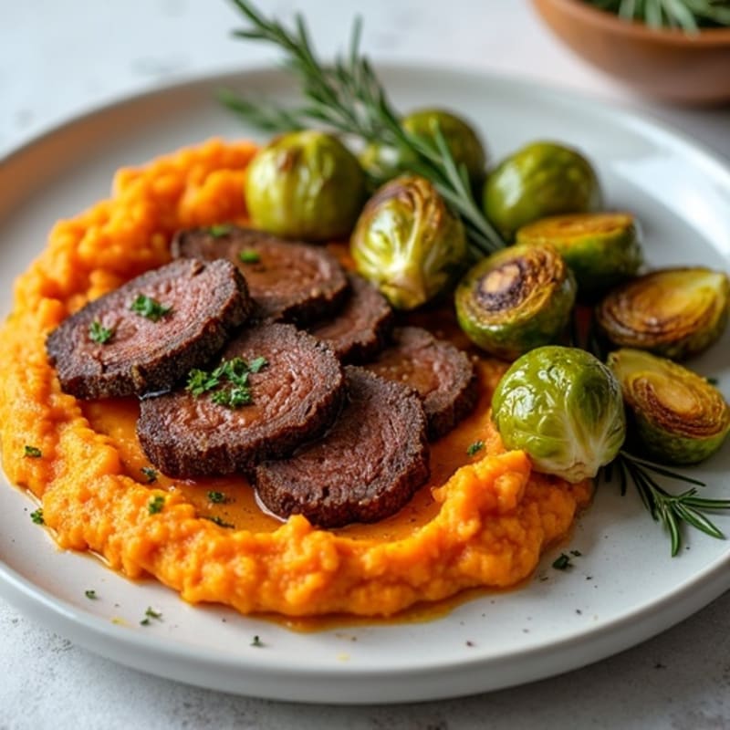 Garlic Herb Roasted Beef with Crispy Brussels Sprouts and Sweet Potato Mash