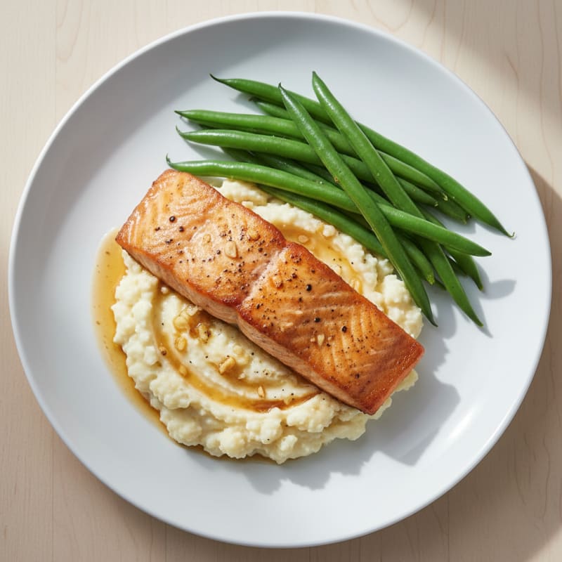 Seared Salmon with Steamed Green Beans and Garlic Mashed Cauliflower