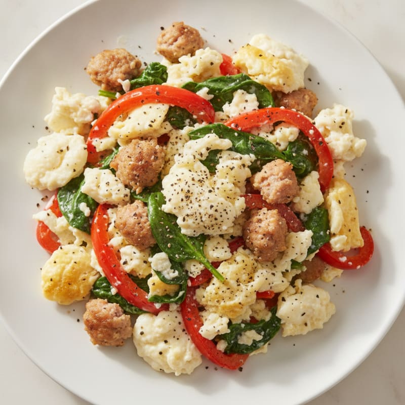Egg White and Turkey Sausage Scramble with Spinach and Bell Peppers