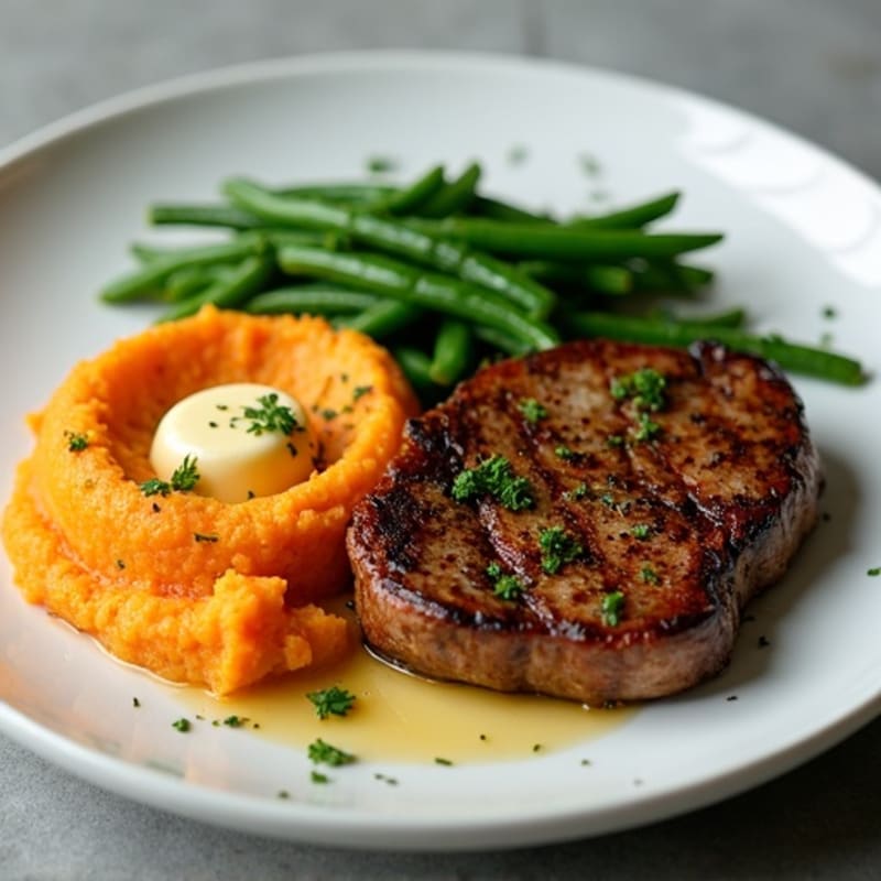 Seared Sirloin Steak with Garlic Green Beans and Sweet Potato Mash