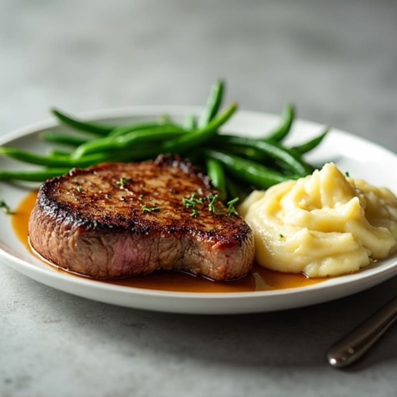 Seared Steak with Garlic Mashed Potatoes and Steamed Green Beans