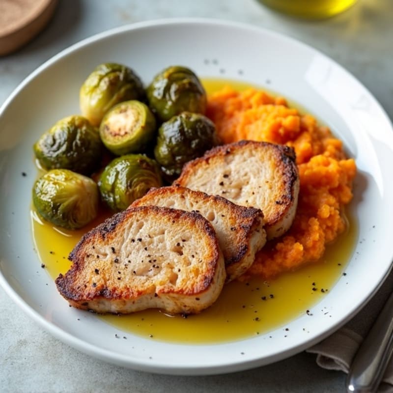Seared Turkey Breast with Roasted Brussels Sprouts and Sweet Potato Mash