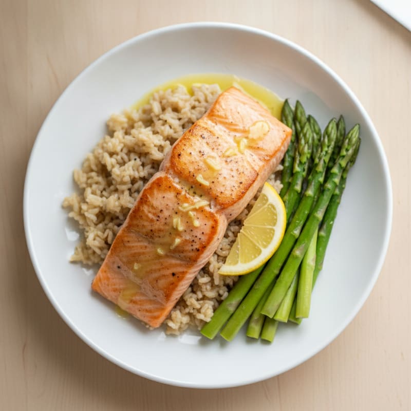Seared Salmon with Steamed Asparagus and Brown Rice