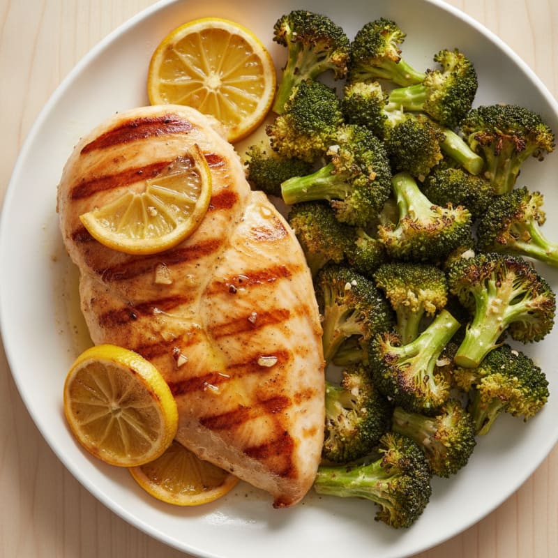 Grilled Chicken Breast with Roasted Broccoli and Lemon