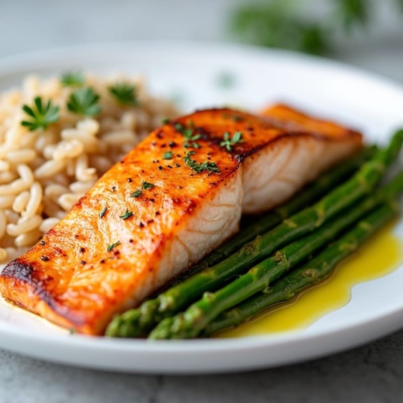 Seared Salmon Fillet with Steamed Asparagus and Brown Rice
