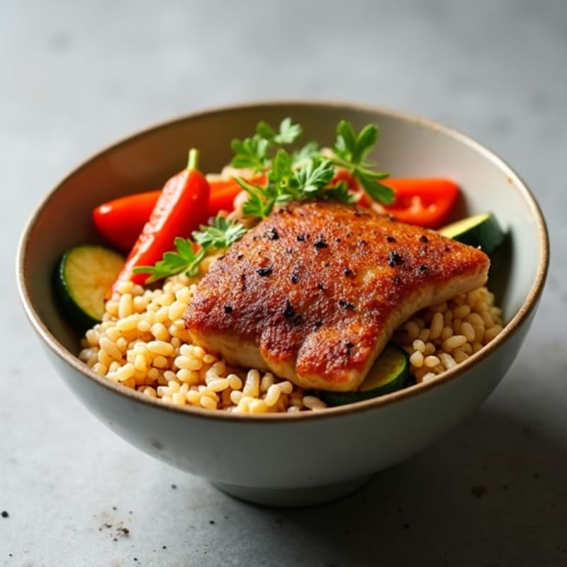 Crispy Pork and Roasted Vegetable Brown Rice Bowl