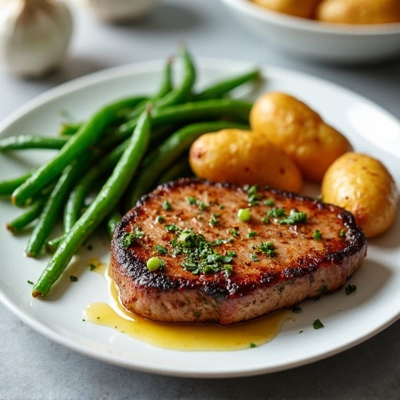 Garlic Butter Pan-Seared Steak with Crispy Roasted Potatoes and Fresh Green Beans