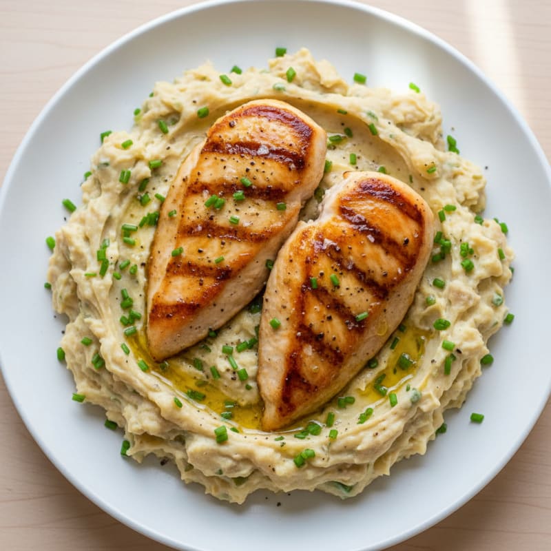 Creamy Garlic Mashed Potatoes with Chives and Seared Chicken