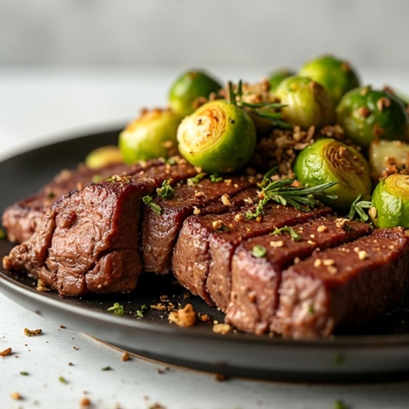 Garlic-Herb Roasted Beef with Crispy Brussels Sprouts
