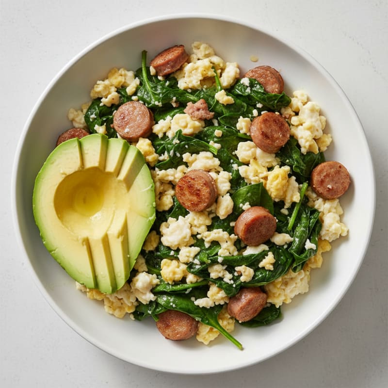 Egg White and Turkey Sausage Scramble with Sautéed Spinach