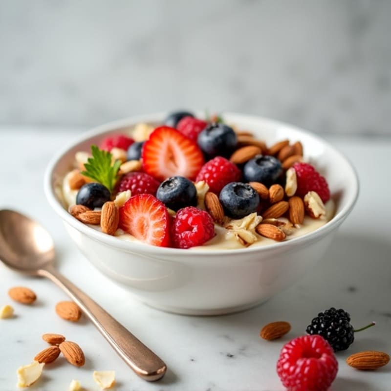 Creamy Protein Yogurt Bowl with Chopped Nuts and Fresh Berries