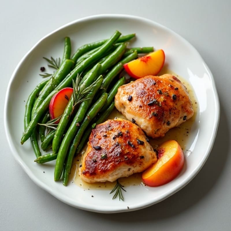 Juicy Chicken Thighs with Sweet Roasted Peaches and Green Beans