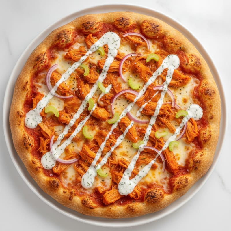Buffalo Chicken Pizza with Ranch Drizzle