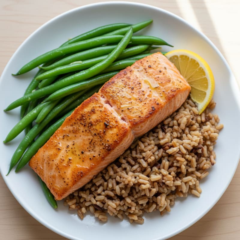 Seared Salmon Fillet with Steamed Green Beans and Brown Rice