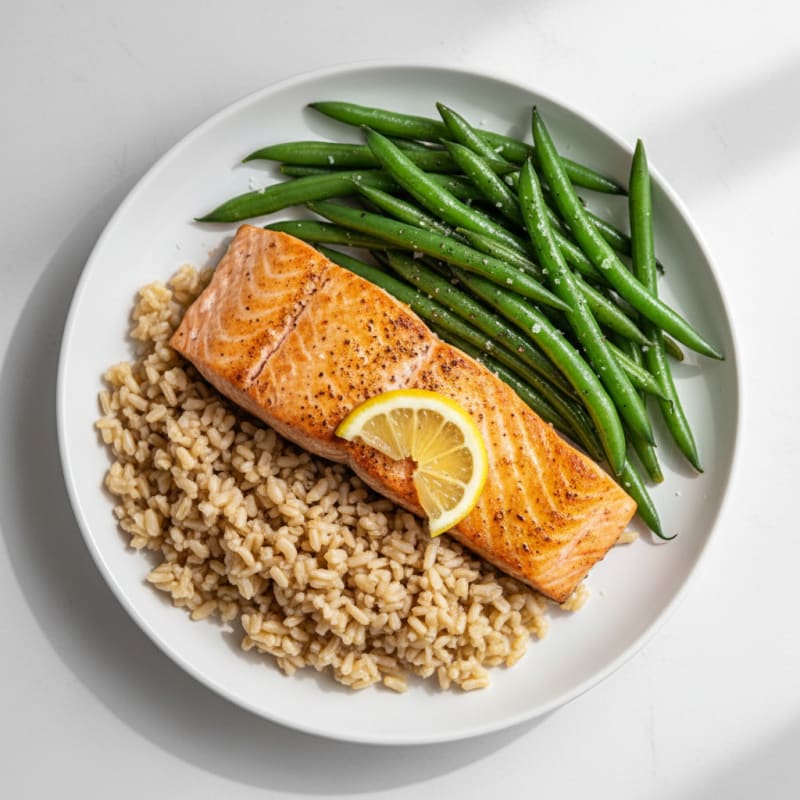 Seared Salmon with Steamed Green Beans and Brown Rice