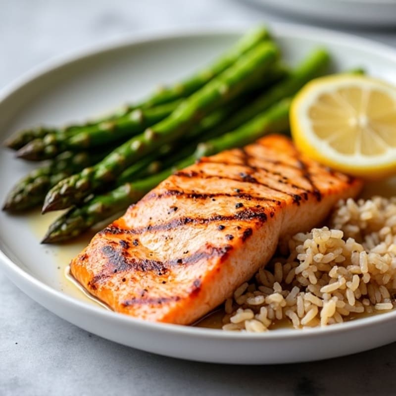 Grilled Salmon with Steamed Asparagus and Brown Rice