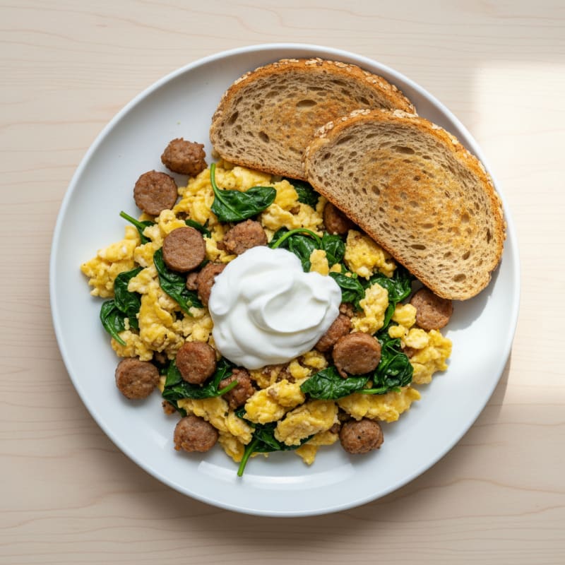 Egg and Turkey Sausage Scramble with Spinach and Greek Yogurt