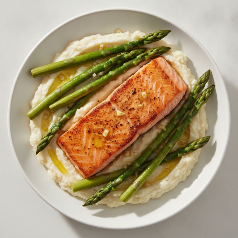 Seared Salmon with Steamed Asparagus and Cauliflower Mash