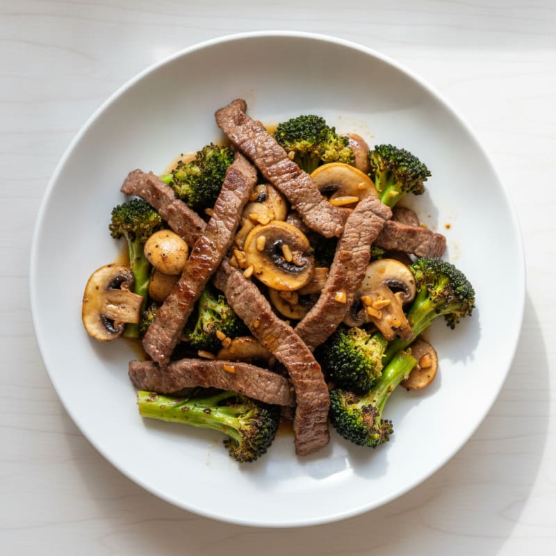 Seared Lean Beef Strips with Roasted Broccoli and Garlic Mushrooms