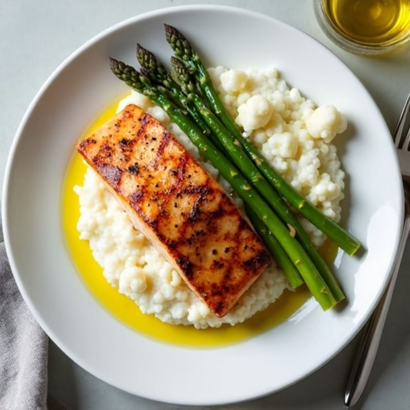 Seared Salmon with Steamed Asparagus and Cauliflower Mash