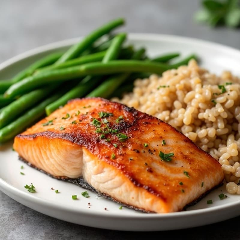 Seared Salmon Fillet with Steamed Green Beans and Brown Rice