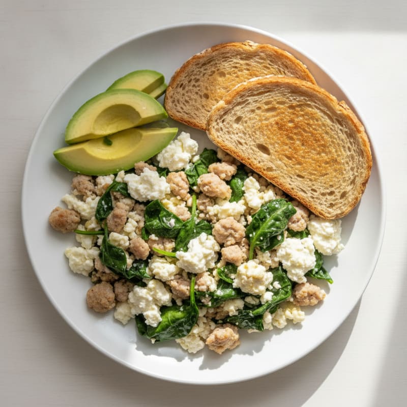 Egg White and Turkey Sausage Scramble with Cottage Cheese and Spinach