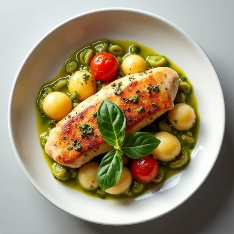 Gnocchi with Creamy Pesto, Pan-Seared Chicken, and Blistered Cherry Tomatoes
