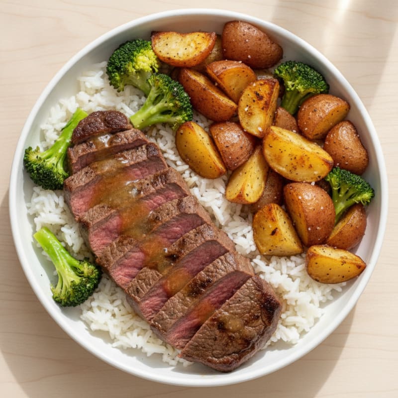 Pan-Seared Steak with Roasted Potatoes and Broccoli