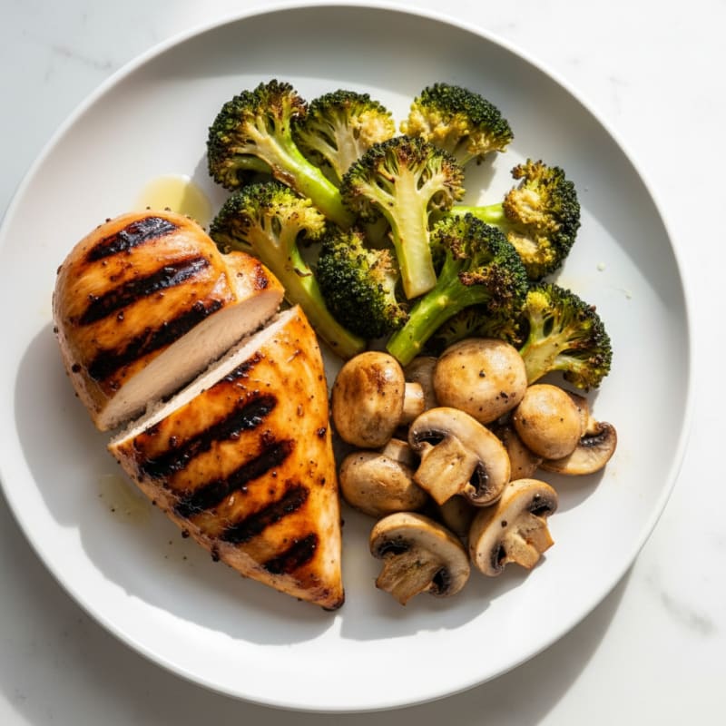 Grilled Chicken with Roasted Broccoli and Garlic Mushrooms
