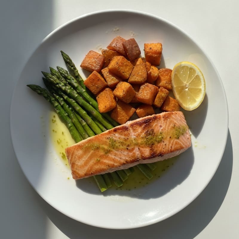 Seared Salmon with Roasted Sweet Potatoes and Asparagus