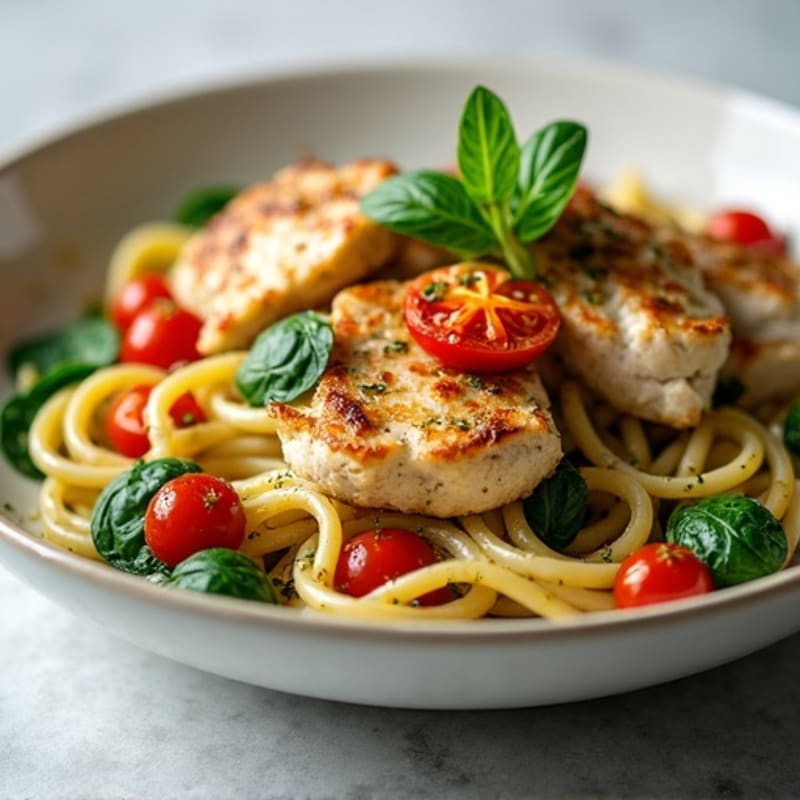 Fresh Basil Pesto Chicken Pasta with Blistered Tomatoes and Spinach