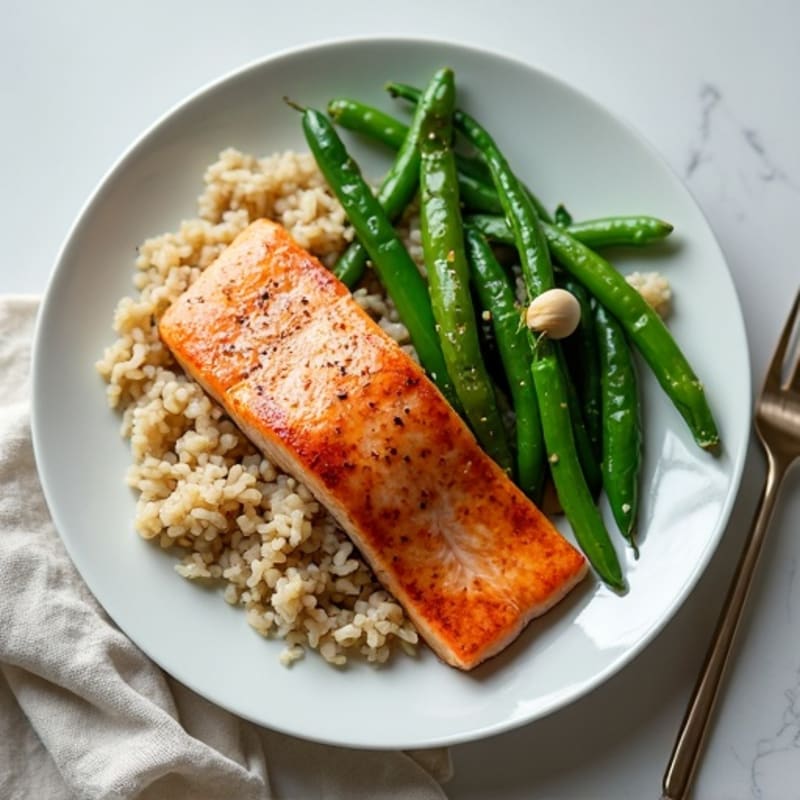 Seared Salmon with Garlic Green Beans and Brown Rice
