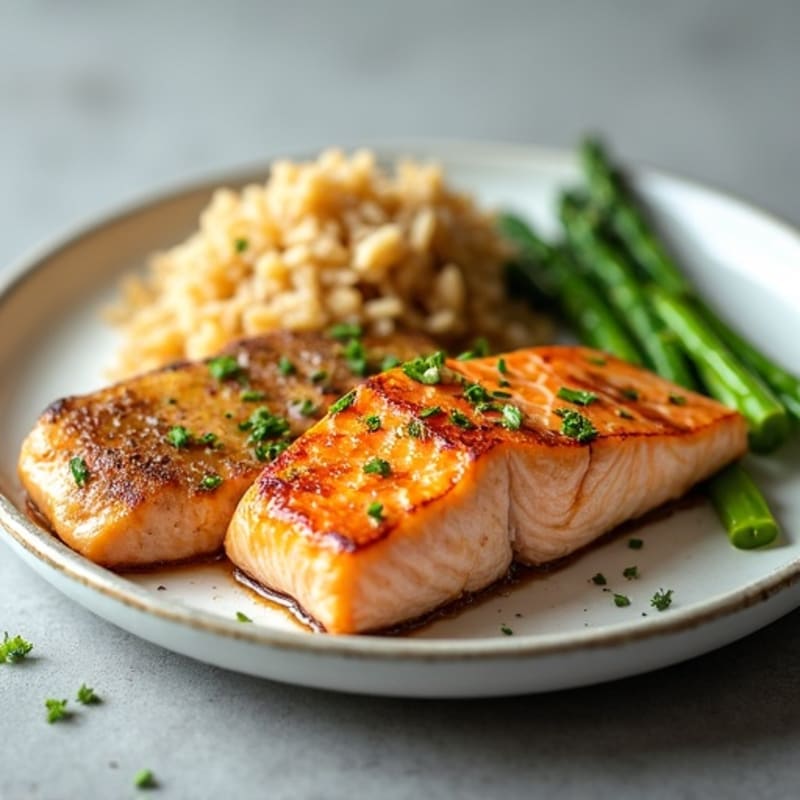 Seared Salmon Fillet with Steamed Asparagus and Brown Rice