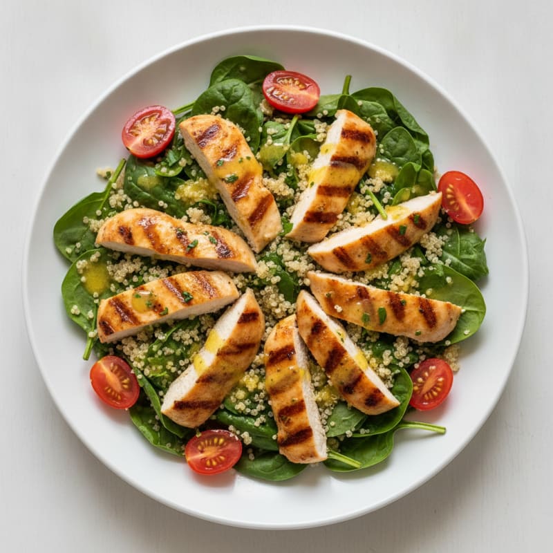 Grilled Chicken and Quinoa Salad with Spinach and Cherry Tomatoes
