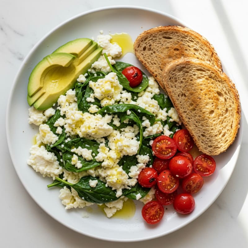 Egg White Spinach Scramble with Cottage Cheese and Cherry Tomatoes