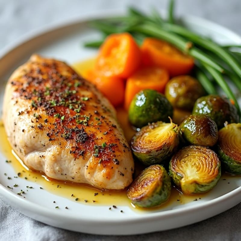 Lemon Herb Roasted Chicken with Crispy Brussels Sprouts and Sweet Potato