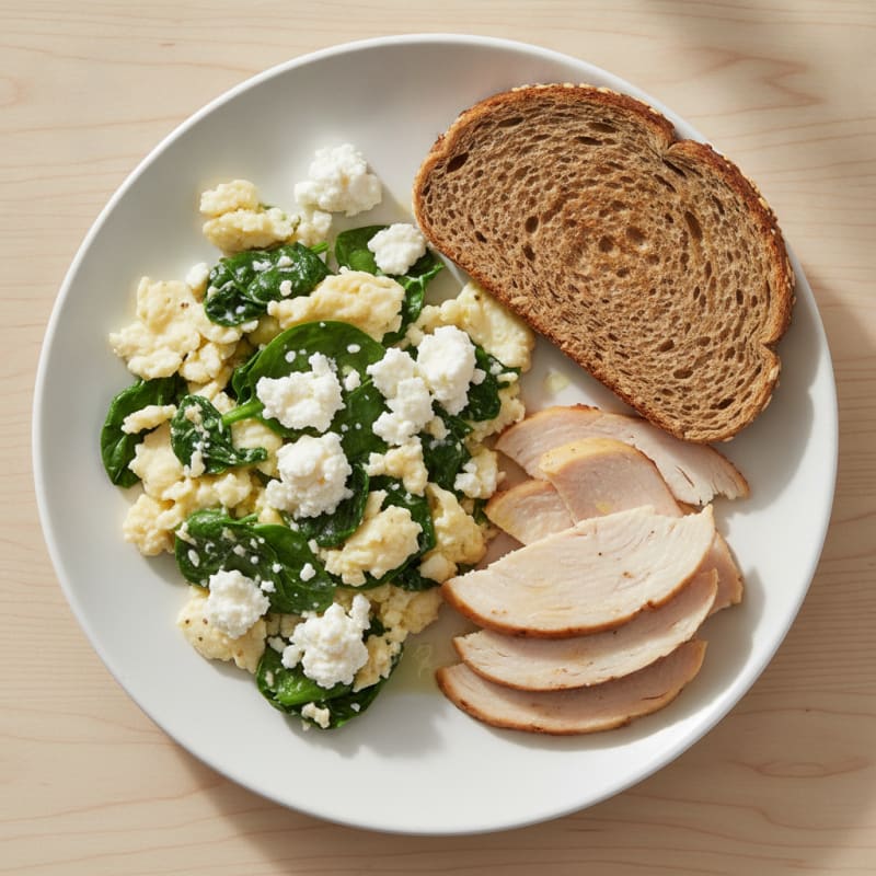 Egg White Spinach Scramble with Cottage Cheese and Sliced Turkey