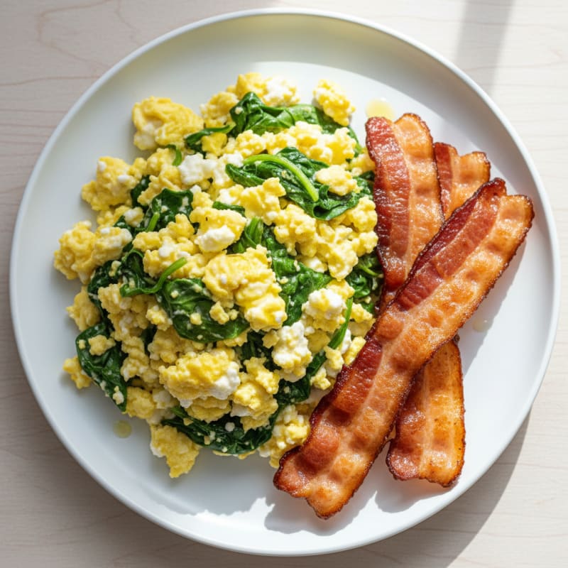 Cottage Cheese Scramble with Spinach and Turkey Bacon