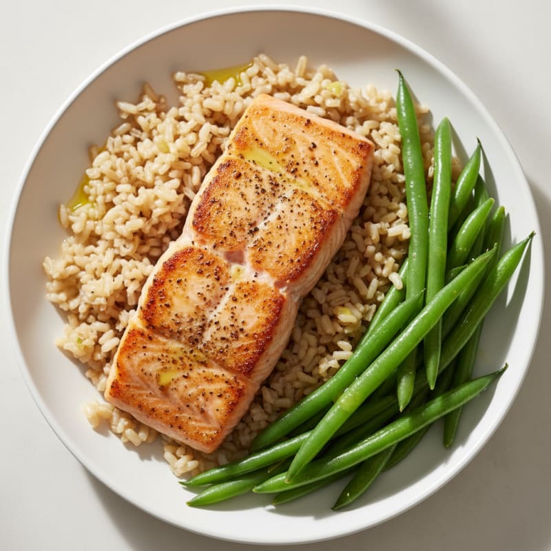 Seared Salmon with Steamed Green Beans and Brown Rice
