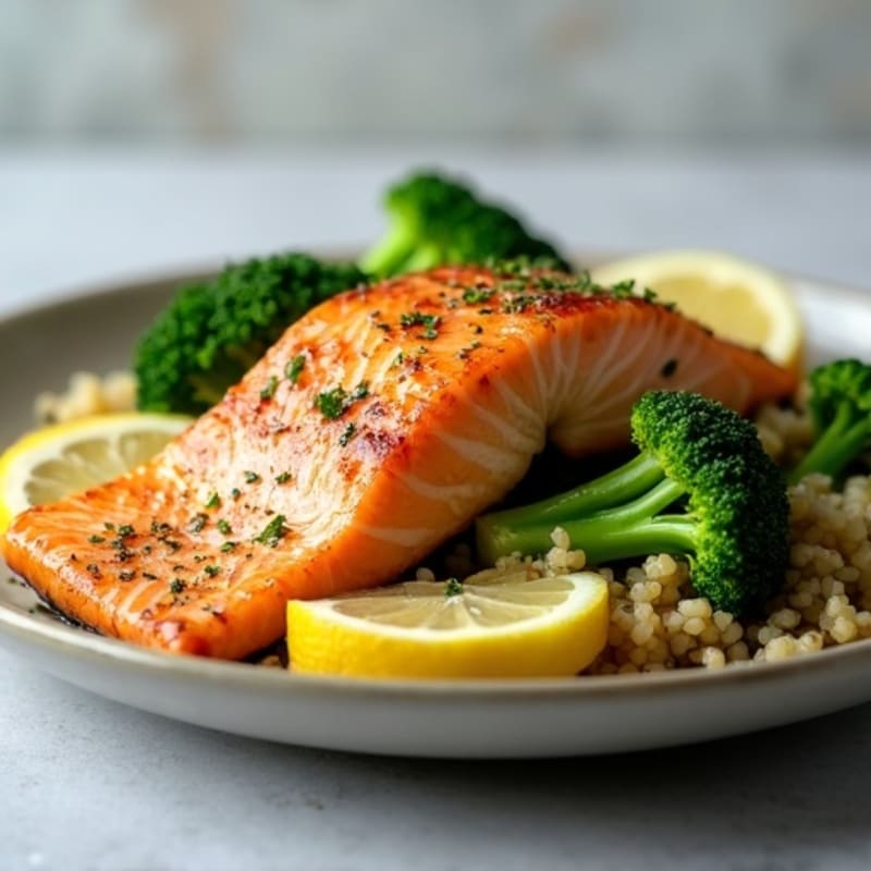 Seared Salmon Fillet with Steamed Broccoli and Quinoa