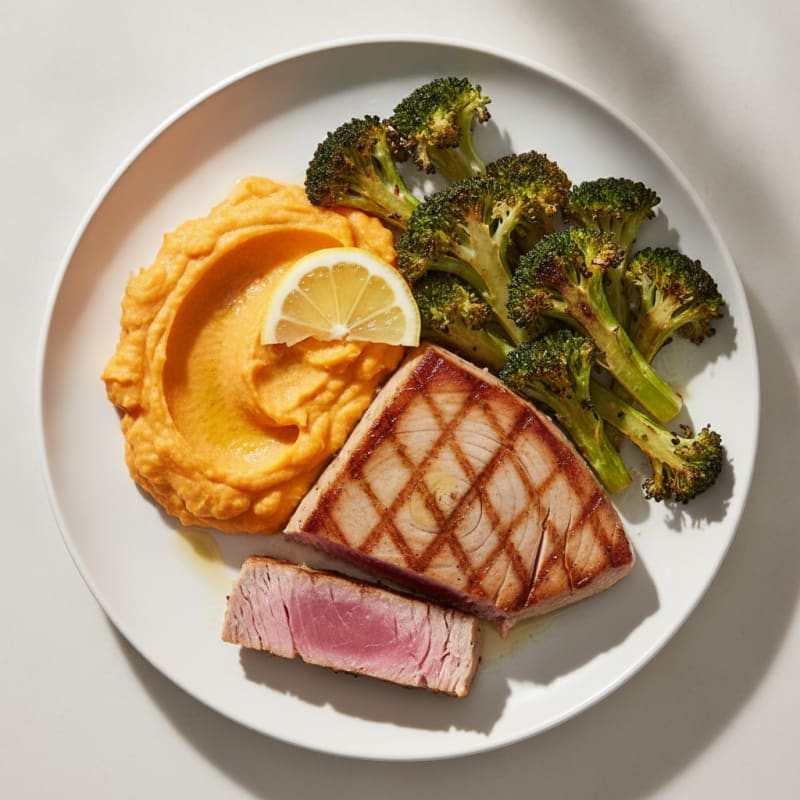 Grilled Tuna Steak with Roasted Broccoli and Sweet Potato Mash