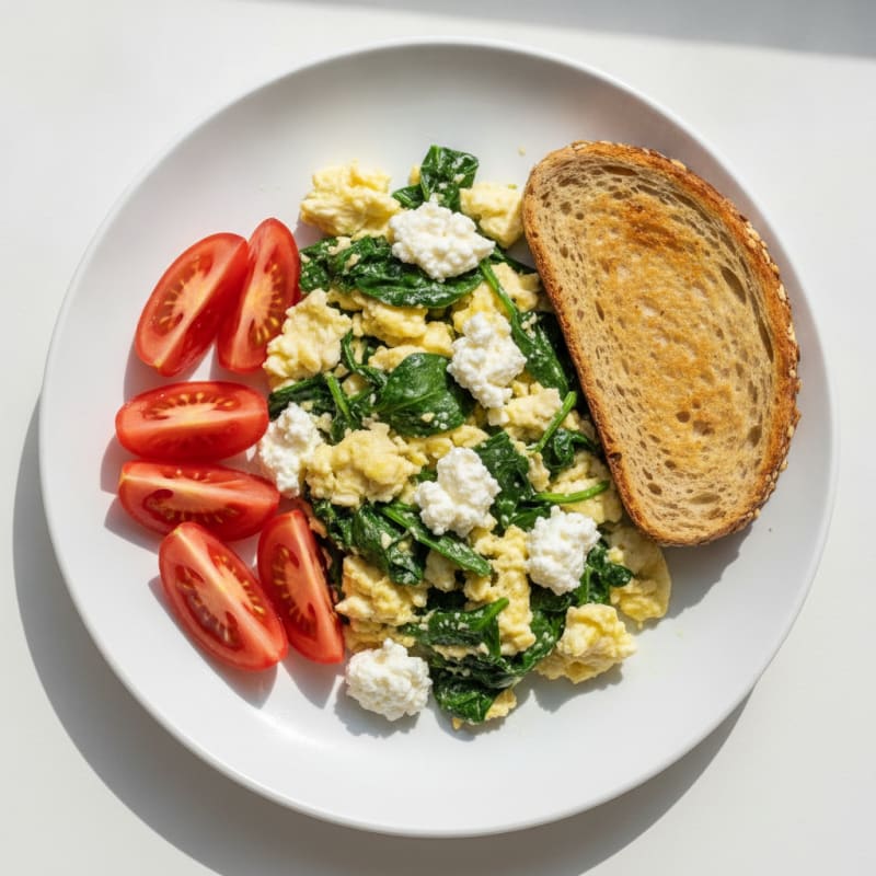Egg White and Spinach Scramble with Cottage Cheese and Sliced Tomatoes