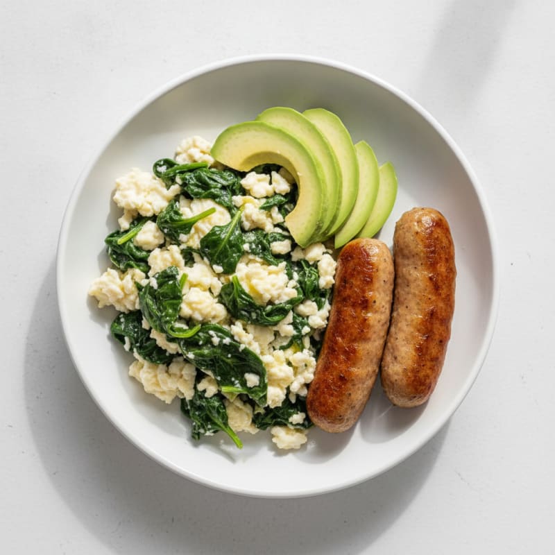 Egg White Scramble with Turkey Sausage and Sautéed Spinach