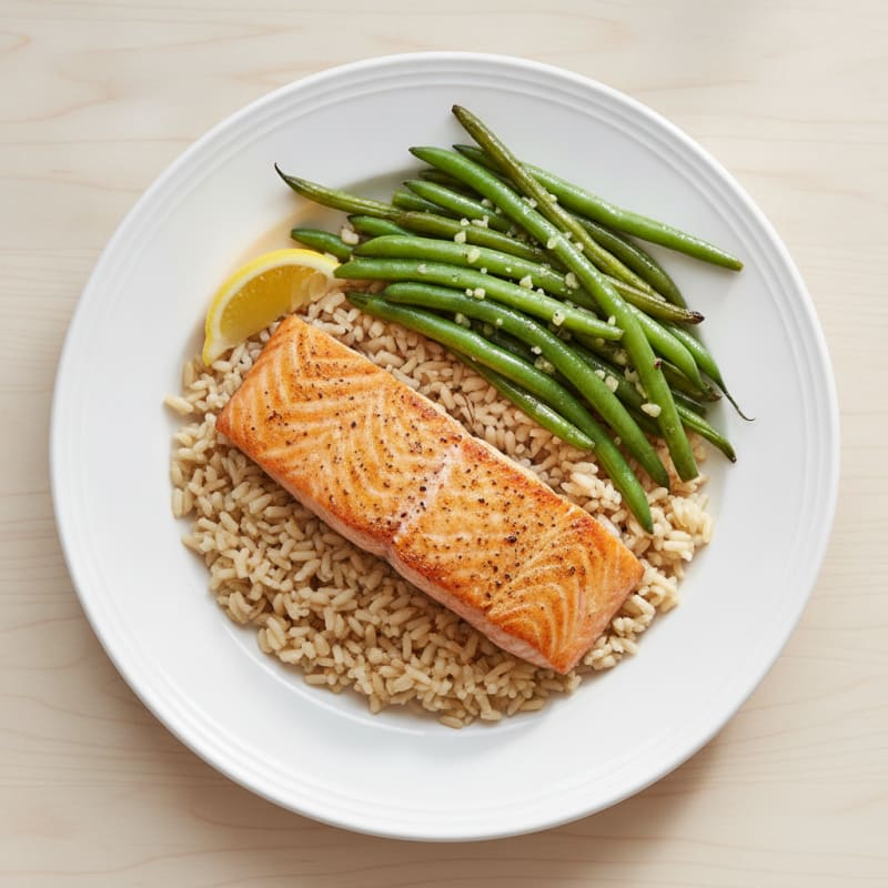 Seared Salmon Fillet with Garlic Green Beans and Brown Rice